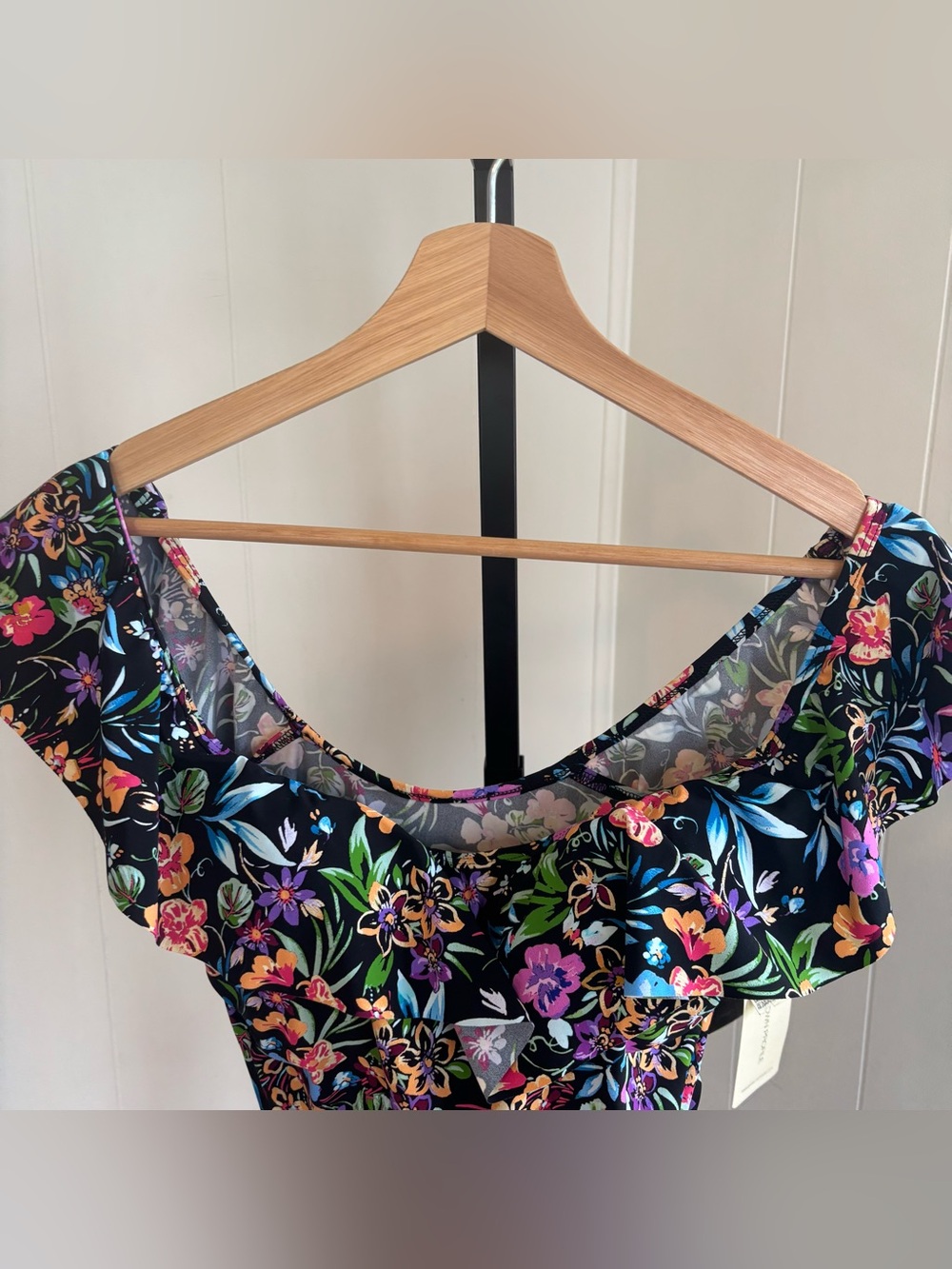 Profile by Gottex Flora Off Shoulder Tankini Top Black Multicolor Womens 12 NWT